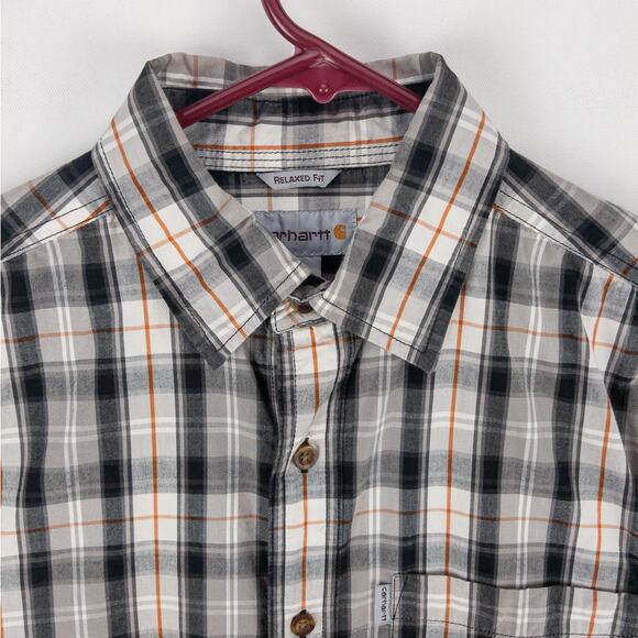 Carhartt Work Shirt Men's Small Relaxed Fit Plaid White Gray Logo 100% Cotton - Picture 2 of 10